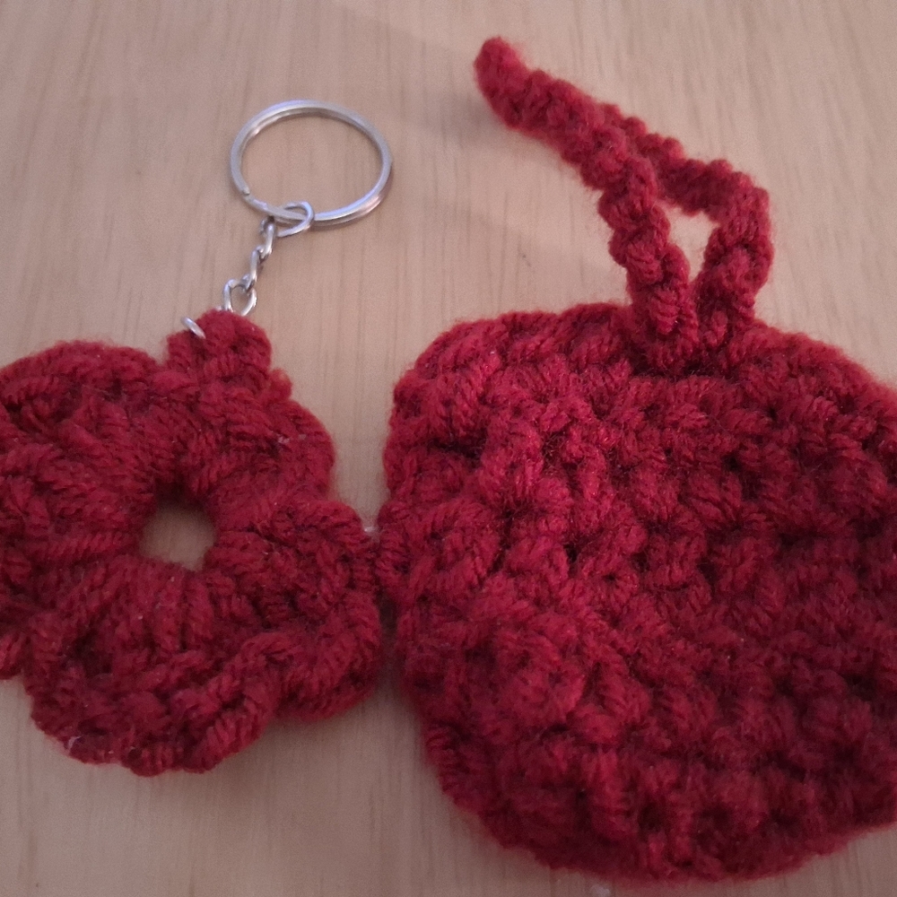 Handmade Red Crochet Keychain Set With Airpod Case